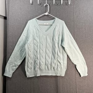 Candace Cameron Bure Cable Knit V-Neck Sweater Glacial Blue Size Medium